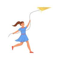 A girl launches a kite in a city park. Flat cute vector illustration