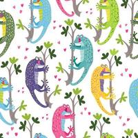 Seamless pattern with a cute colorful geckos hanging on  branches vector