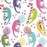 Seamless pattern with cute colorful geckos and lollipops vector