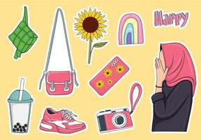 Colorful Hand Drawn Muslim Girl Element Sticker Collection vector