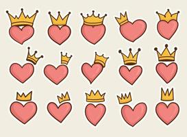 set of colorful hand drawn heart symbol with crown on it vector