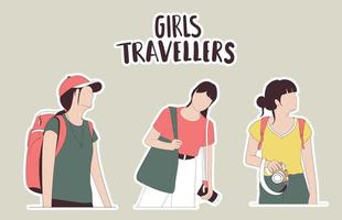 Colorful Hand Drawn Girl Travelers Stickers vector