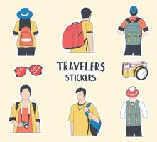 colorful hand drawn boy and girl travelers stickers vector