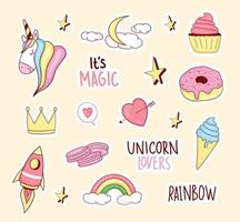 Set Of Colorful cute Unicorn Stickers with some cute elements vector