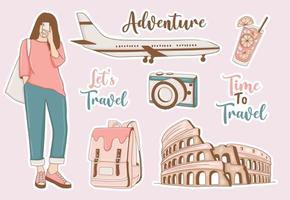 Modern Travel Stickers Set with girl and some elements vector