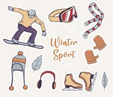 conjunto de pegatinas de deportes de invierno con hombre haciendo snowboard vector