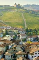Aerial view of the village of Barolo, in the hilly region of Langhe, Piedmont, Northern Italy, fall season. UNESCO Site since 2014. photo