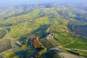 Aerial view of the vineyards of the hilly region of Langhe, Piedmont, Northern Italy, fall season. UNESCO Site since 2014.