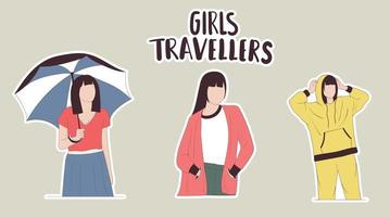 Colorful Hand Drawn Girl Travelers Stickers vector