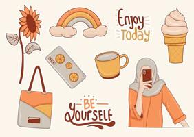Daily Stickers set with girl and some elements vector