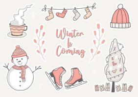 set of winter stickers with snowman and some element vector