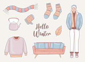 set of winter stickers with man and some element vector
