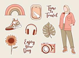 Modern Travel Stickers Set with muslim girl and some elements vector