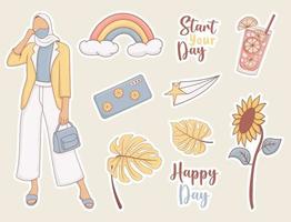 Daily Stickers set with girl and some elements vector