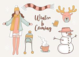 conjunto de pegatinas de invierno con niña y algún elemento. vector