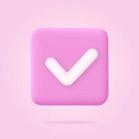 3d check mark icon on pink square button. White checkmark symbol vector