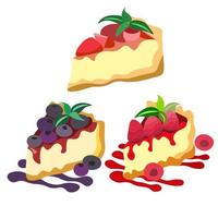 set of cheesecakes with berry filling strawberries, blueberries, raspberries vector