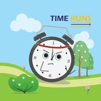 Time runs poster with an image of a running clock with a bandana. The sky has clouds, there is trees and flowers in the background. Time passes by, seize the opportunity, enjoy life. vector
