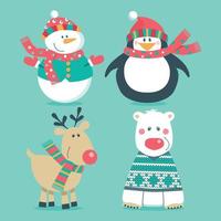 Christmas set of cartoon characters polar bear snowman penguin and deer