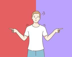 Choice, thinking, doubt, problem .Young pensive thoughtful confused doubtful man or boy standing and choosing between two colors or ways pointing in other sides illustration vector