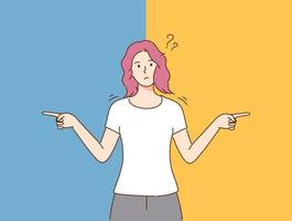 Choice, thinking, doubt, problem .Young pensive thoughtful confused doubtful woman or girl standing and choosing between two colors or ways pointing in other sides illustration vector