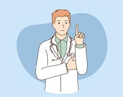 Health, care, denial, prohibition. Young happy smiling doctor hospital worker cartoon character standing saying No with finger sign. vector