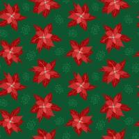 Vector seamless Christmas pattern. Hand drawing red poinsettia and snowflakes on green background  for wrapping paper, wallpaper, post cards, textile, fabric.