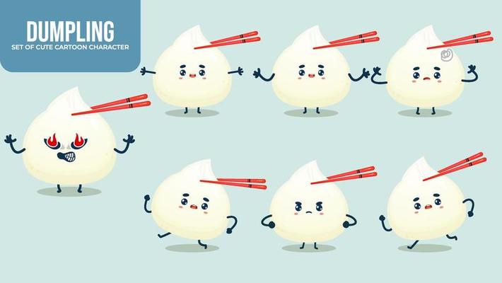 Set of cute dumpling cartoon character with different poses Premium Vector