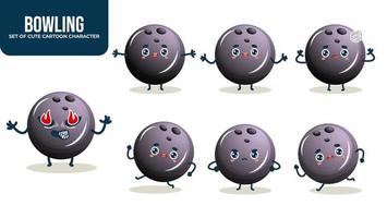 Set of cute bowling ball cartoon character with different poses Premium Vector