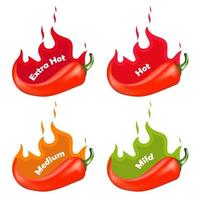 Chili Pepper Spice Levels. Hot pepper sign with fire flame for packing spicy food. Vector illustration.