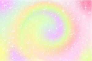 Pastel rainbow background with swirl. Fantasy neon unicorn pattern. Bright multicolored sky with stars. Vector illustration.