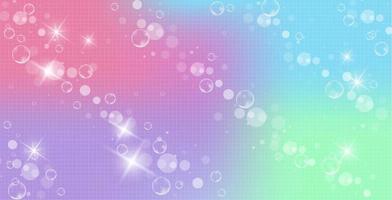 Rainbow fantasy background. Holographic illustration in pastel colors. Multicolored sky with stars and bokeh. vector