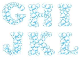 Alphabet of soap bubbles. Water suds letters g, h, i, j, k, l. Realistic vector font isolated on white background