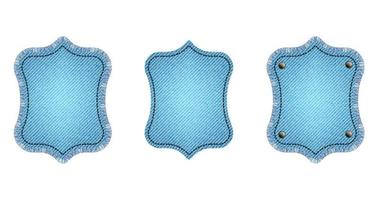 Set of blue denim patches with stitch, rivets and fringe. Light blue denim. Vintage patches vector