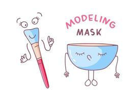 Cute funny beauty cosmetic products characters with face, arms and legs isolated on white background. Shaping mask in a bowl with a brush for application. Vector hand drawn illustration