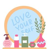 Beauty concept. Love yourself lettering. Round mirror and bathroom shelf with skin care cosmetics. Vector hand drawn illustration