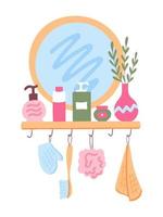 Beauty concept. Round mirror and bathroom shelf with cosmetics and skin care accessories. Vector hand drawn illustration