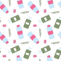 Seamless beauty skincare pattern for cosmetic concepts. Packaging of cosmetics and herbal elements on a white background. Endless vector texture