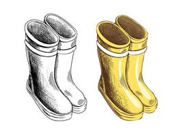 Rubber boots hand-drawn vector illustration. Autumn waterproof  boots. Classic waterproof shoes. A design sketch element  on a white background. Drawing with an ink pen.