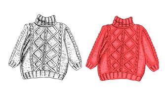 Knitted sweater hand-drawn vector illustration. The pullover sketch  isolated on a white background. Fashionable clothes of the autumn season.  Ink Pen Hand drawing.