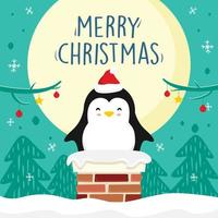 pingüino dibujos animados chimenea feliz navidad luna llena vector de navidad verde