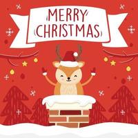 Merry Christmas Cartoon Cute Deer in Chimney Illustration - Red Ribbon Banner Greeting Cards Vector