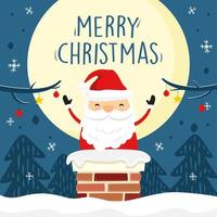 Cute Santa Claus Chimney Merry Christmas Cartoon - Blue Full Moon Greeting Card Vector