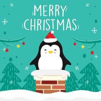Penguin Cartoon Chimney Merry Christmas Xmas Vector Green