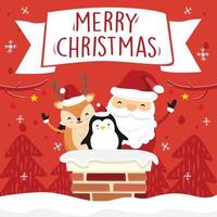 Santa Claus Deer Penguin in Chimney Red Christmas Greeting Cards vector