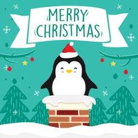 Penguin Cartoon Chimney Merry Christmas Ribbon Banner Xmas Vector Green