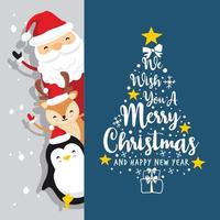 Santa Claus Deer Penguin Text Merry Christmas and Happy New Year - Side Blue vector