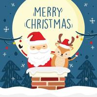 Santa Claus and Deer in Chimney Christmas Moon Blue vector