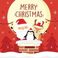 santa claus ciervo pingüino en chimenea roja navidad tarjetas de felicitación vector