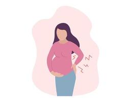 Backache during pregnancy. Pregnant woman suffering from lower back pain. Spinal discomfort. Vector concept illustration